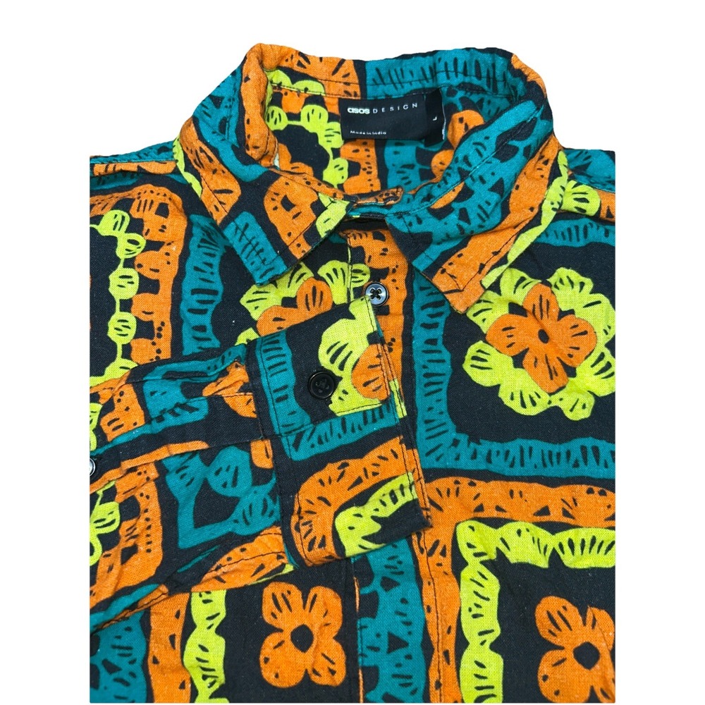 ASOS DESIGN Boxy‎ Oversized Shirt Linen Blend  W/ Crochet Print Men's Large
